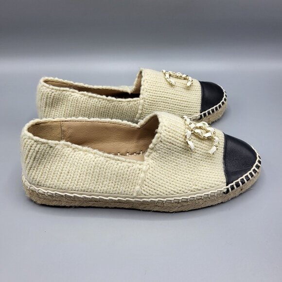 Chanel Beige Knit & Black Leather Espadrilles Size 37 B G29762 Made in Spain - Picture 9 of 16